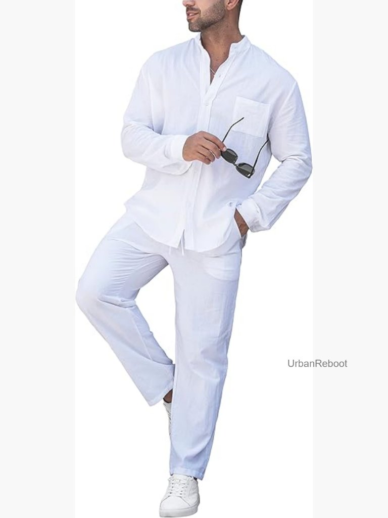 Men's Linen 2 Piece Set Long Sleeve Henley Shirt Loose Yoga Pants Beach Outfit